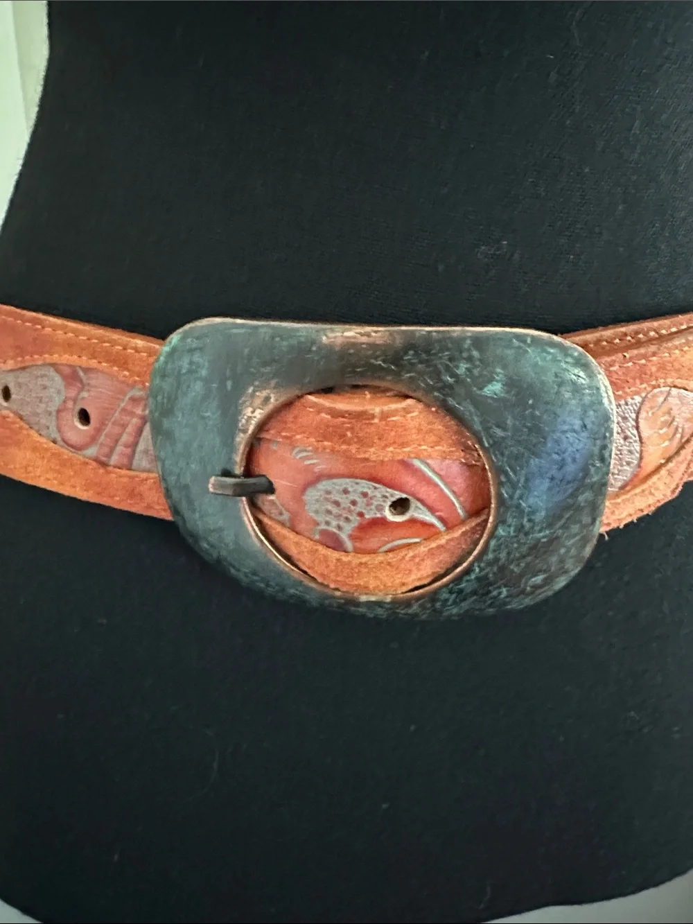 Tooled Leather Belt with Antique made in Italy Metal Buckle